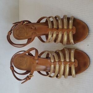 Tory Burch Brown Gold Charlene Heel Straps Sandals 9.5